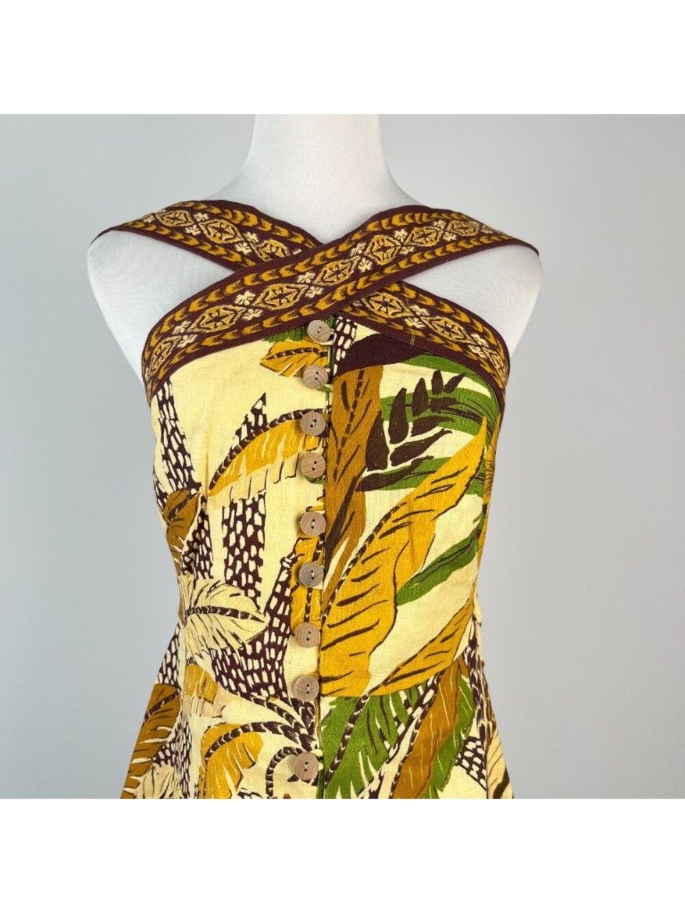 NWT Farm Rio Foliage Sketch Sand Halter Neck Linen Mini Dress Size XS - Picture 3 of 11